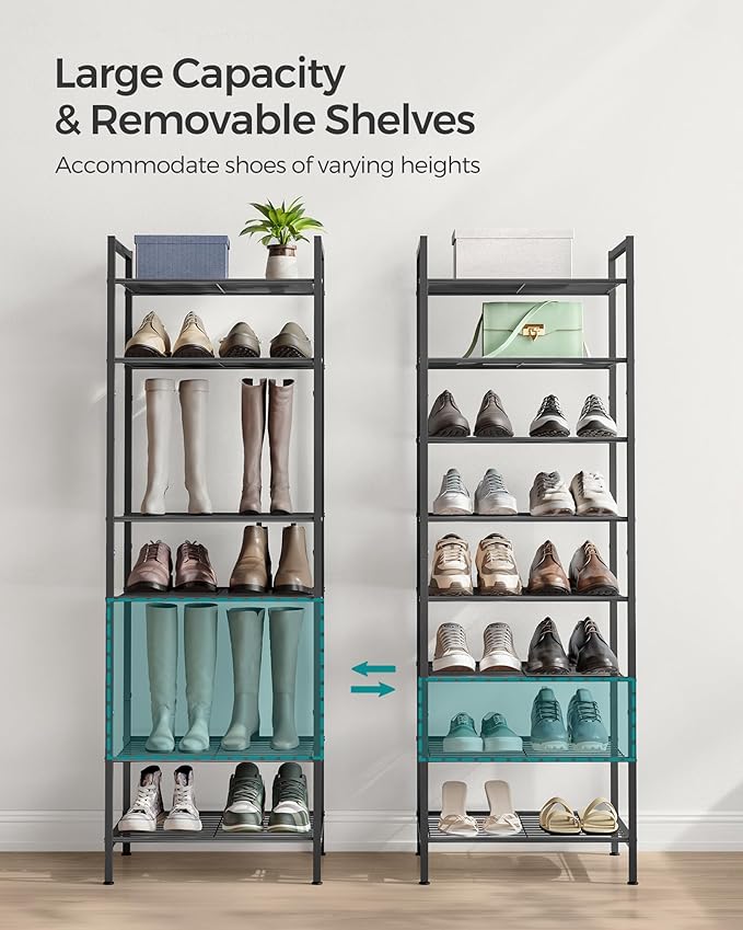 SONGMICS Narrow Shoe Rack, Sturdy 8 Tier Metal Tall Shoe Rack Shelf, Slim Shoe Storage Organizer for Closet Entryway Small Sp