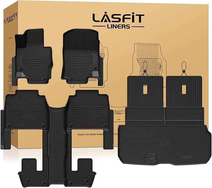 LASFIT Floor Mats & Cargo Mat with Seatback for Mercedes Benz GLS 2020-2026 (Fit 6 Seats), All Weather TPE Floor Liners Custom Fit GLS 2020-2026 Car Mats, 3 Rows & Cargo Liner with Backrest