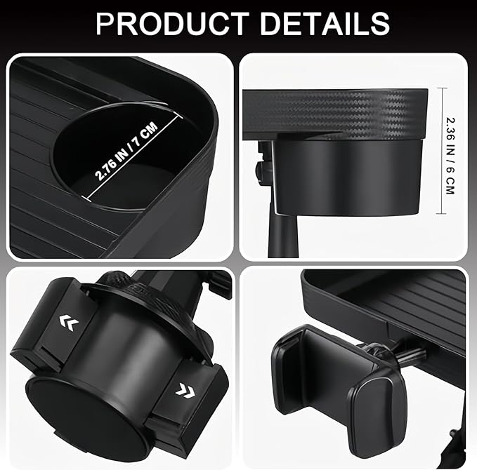 Car Cup Holder Tray, 10 Inch 3 in 1 Detachable Car Food Tray with 360° Rotating Phone Holder, Cup Holder Expander Adapter Fits Yeti Hydro Flask 16-46 oz, Road Trip Car Essentials