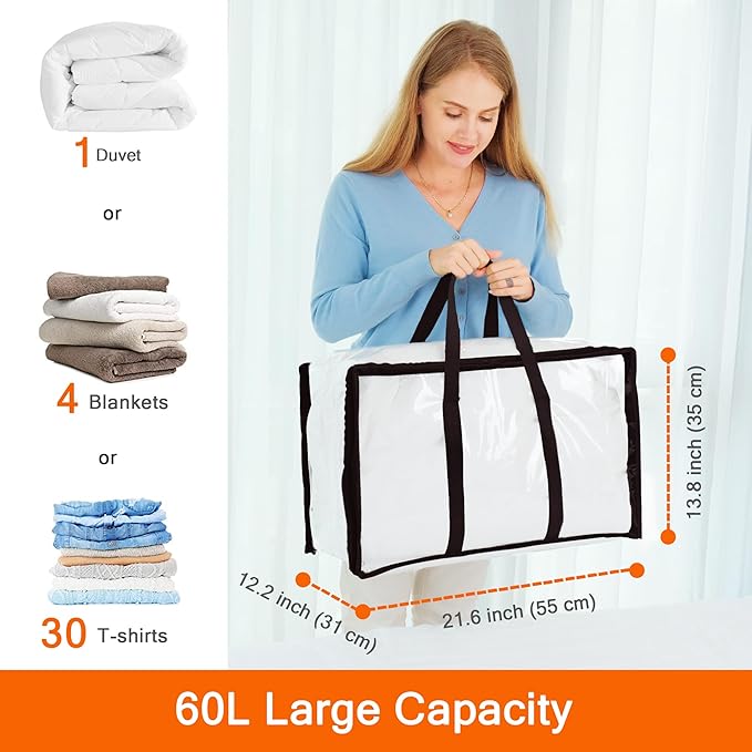 Vieshful 7 Pack Clear Comforter Storage Bag, 60L Clothes Storage Bag with Zipper Closet Organizer, Plastic Storage Containers