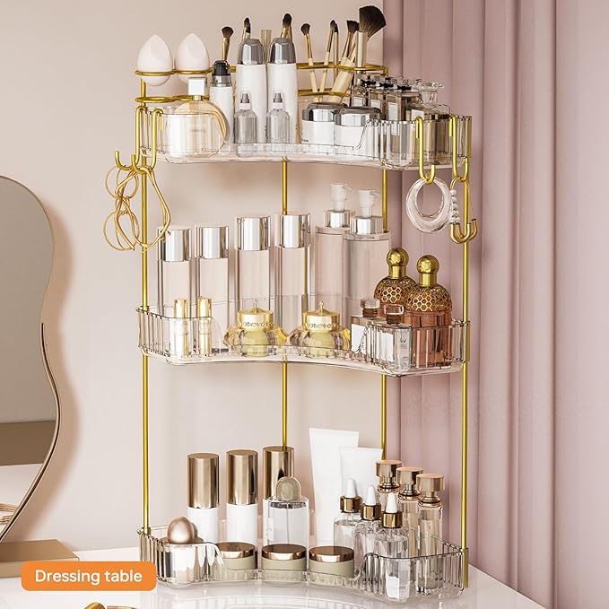3-Tier Corner Bathroom Counter Organizer，Makeup & Skincare Shelf with Built-in Brush Holder，Space-Saving Bathroom Countertop 