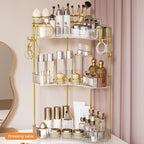 3-Tier Corner Bathroom Counter Organizer，Makeup & Skincare Shelf with Built-in Brush Holder，Space-Saving Bathroom Countertop 