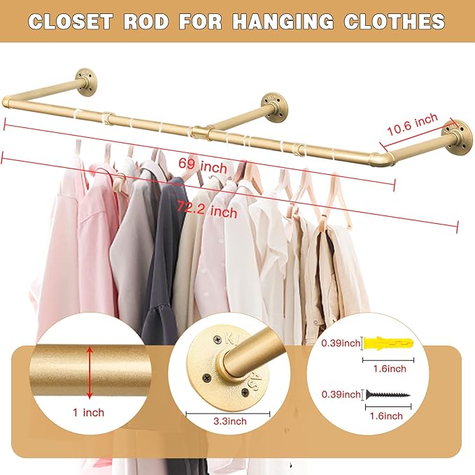 Wall Industrial Pipe Clothes Racks, DIY Floating Hanger Rustic Home Pipe Decor, Mounted Closet Storage Organizer Holder Syste