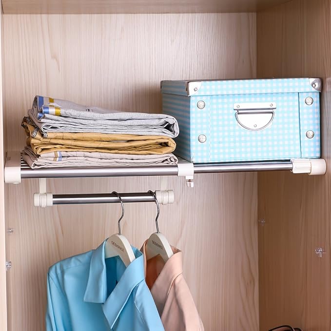 Hershii Closet Tension Shelf Expandable Telescopic Rod Heavy Duty Clothes Hanging Rail Adjustable DIY Storage Organizer Shoe 