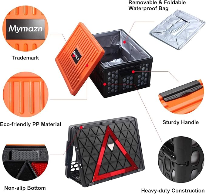 Mymazn Trunk Organizer Plastic for Car, Crate Storage Collapsible Car Organizer for SUV, Groceries, Camping | with Lid,