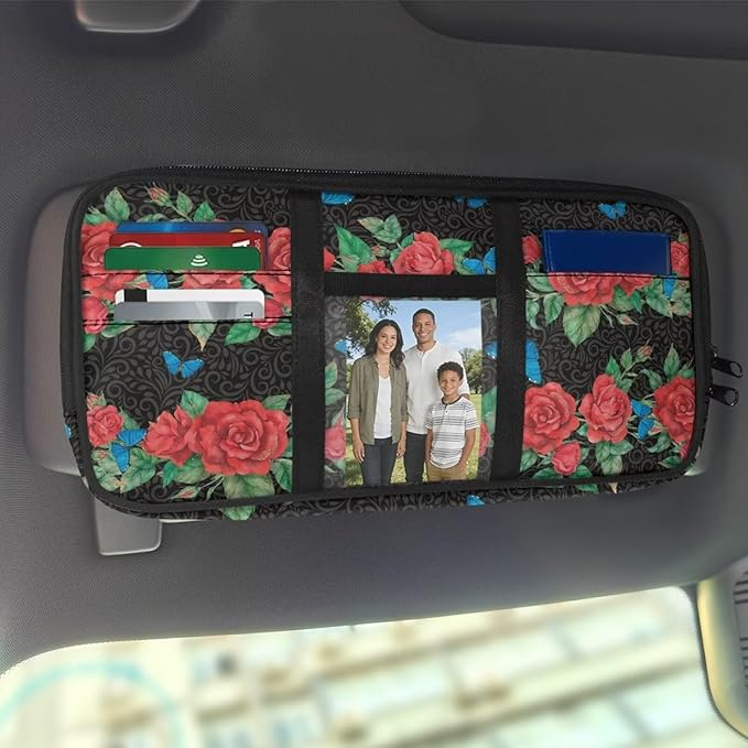 Car Sun Visor Storage Bag,Rose Tactical Car Visor Organizer with Zipper Adjustable Straps for SUV Truck Pickup Patrol Car Storage