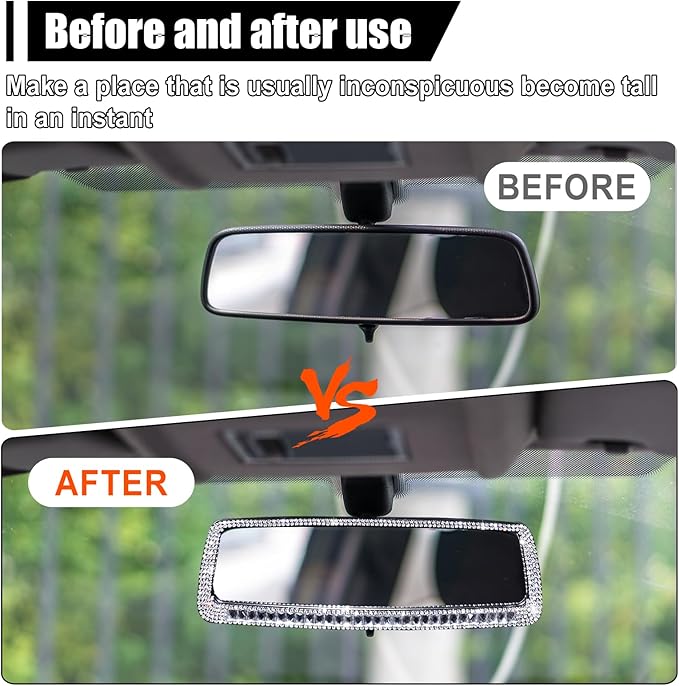 ZIMISI Bling Car Rear View Mirror, 10.51 Inch HD Glass Wide Angle Rearview Mirrors, Clip-on Crystal Diamond Panoramic Rear View Mirror Accessories, Bling Car Decorations for Women (Silver)