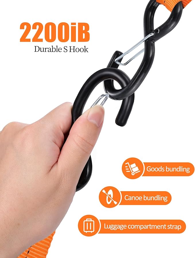 Upgraded 1'' x 8' Tie Down Straps, Cargo Roof Rack Strap Cam Buckle with Hooks, Heavy Duty Secure Strap, Orange - Pack of 2