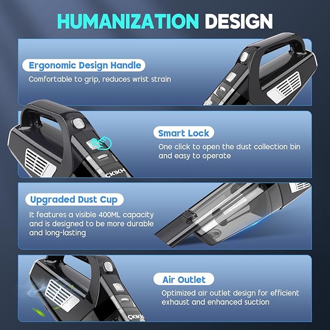 Handheld Vacuum Cordless, 15000PA Strong Suction Hand Held Car Vacuum Cleaner Portable with Multi-Nozzles & Washable Filter, 