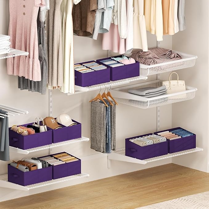 DIMJ Large Closet Shelf Organizer Bins 6 Packs with Handles and Divider, Fabric Trapezoid Storage Baskets, Foldable Clothes C