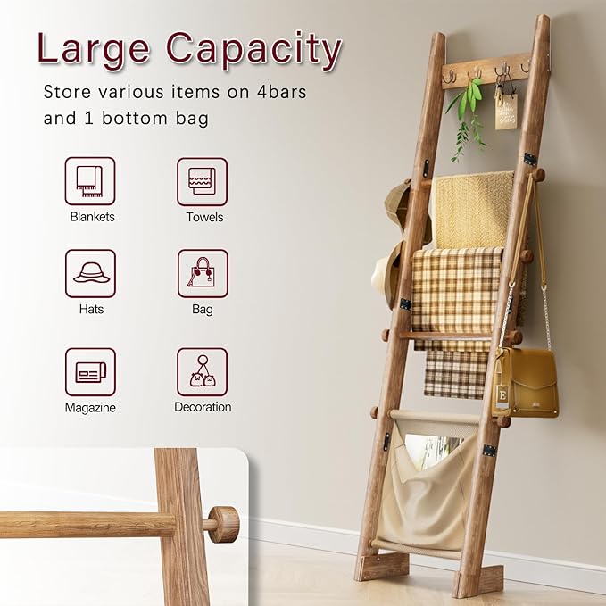 REFGY 5-Tier Blanket Ladder Shelf, 5.3FT (63'') Wall Leaning Blanket Ladders for Living Room Bedroom, Decorative Quilt Rack w
