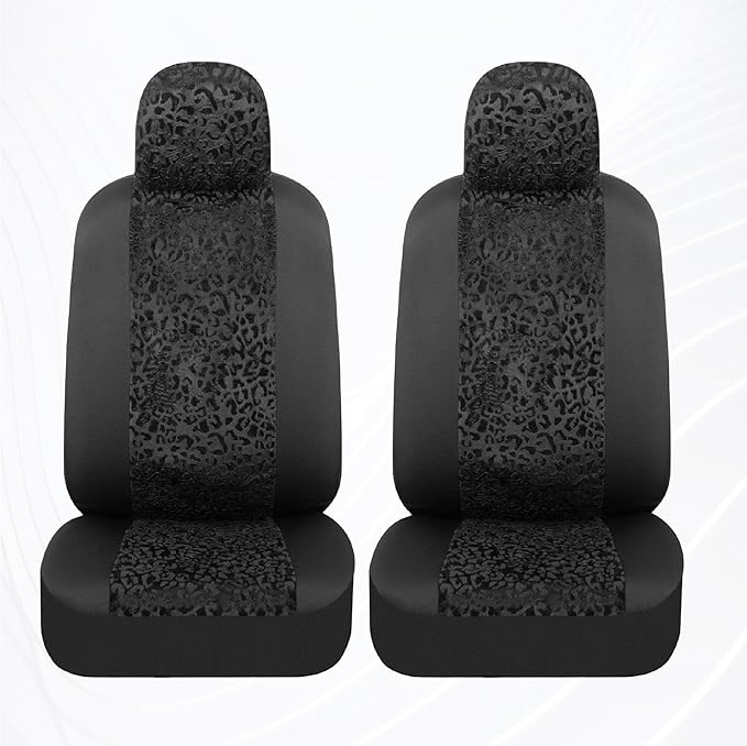 BDK Black Leopard Car Seat Covers for Front Seats, Animal Print Front Seat Cover Set with Matching Headrest, Sideless Design 