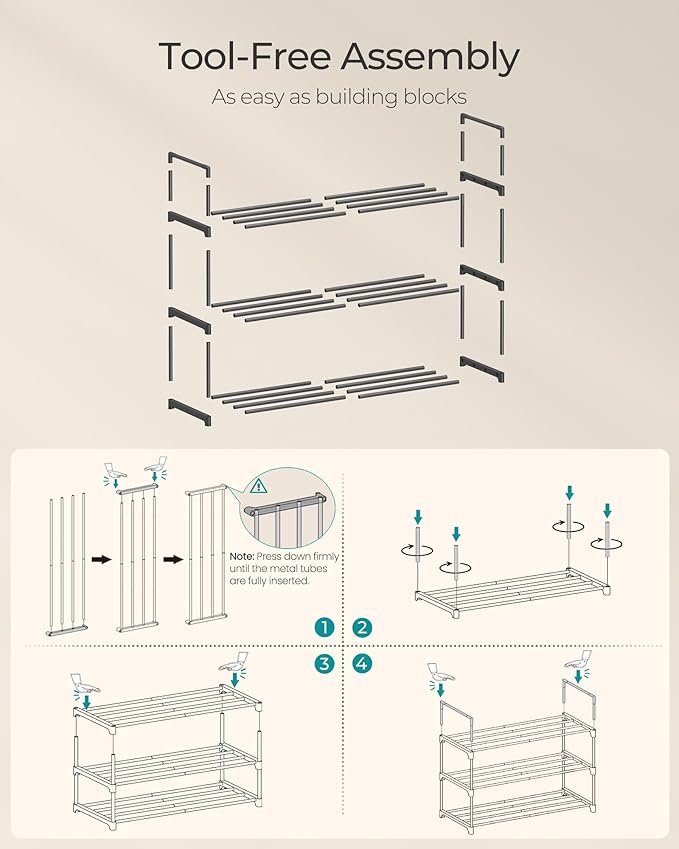 SONGMICS Shoe Rack, 3-Tier Shoe Organizer, Metal Storage Shelf, Upright or Upside Down, for 8-12 Pairs, Stackable, for Entryw