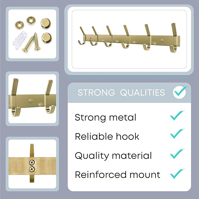 Brushed Gold Wall Mounted Coat Rack – 17 Inch Stainless Steel Rail with 6 Double Coat Hooks for Entryway, Bathroom, Bedroom, 
