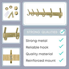 Brushed Gold Wall Mounted Coat Rack – 17 Inch Stainless Steel Rail with 6 Double Coat Hooks for Entryway, Bathroom, Bedroom, 