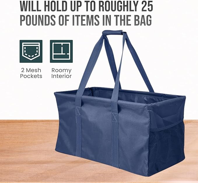 Extra Large Utility Tote Bag - Oversized Collapsible Reusable Wire Frame Rectangular Canvas Basket With Two Exterior Pockets For Beach, Pool, Laundry, Car Trunk, Storage - Navy Blue