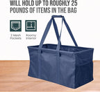 Extra Large Utility Tote Bag - Oversized Collapsible Reusable Wire Frame Rectangular Canvas Basket With Two Exterior Pockets For Beach, Pool, Laundry, Car Trunk, Storage - Navy Blue