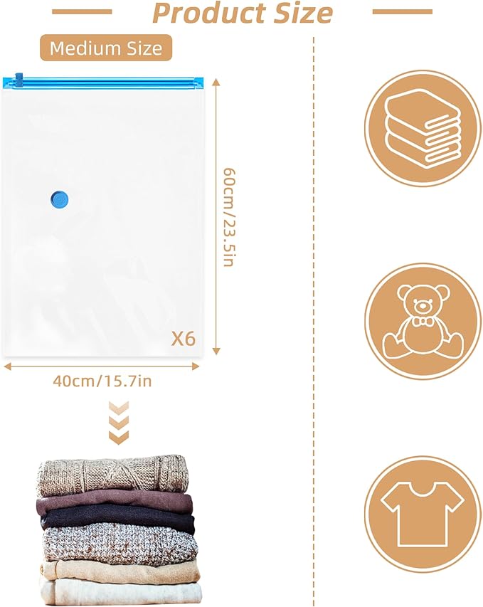 Travel Vacuum Bags with Rechargeable Pump,6 Pack Vacuum Storage Seal Bags for Clothing Suitcase Backpack, Space Saver Compres