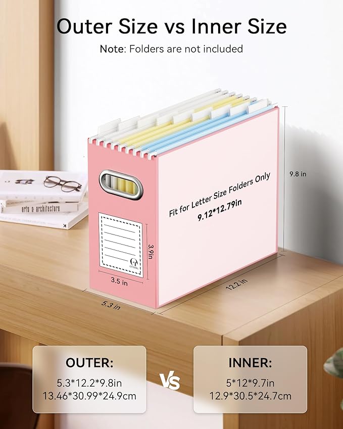Oterri File Organizer Box, Portable Collapsible Cardboard File Folder Organizer with Handle for Letter Size Hanging Files, Do