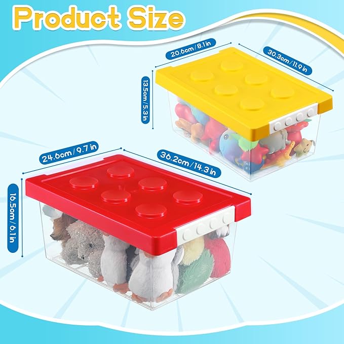 Vicenpal 4 Pack Toy Storage Containers with Lids Brick Shaped Kids Toy Organizer Box Plastic Clear Stackable Bin Chest for Bu