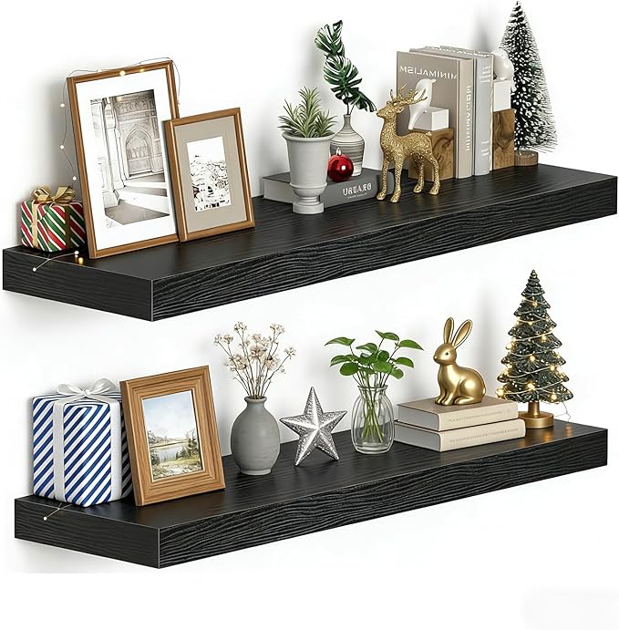 Solid Wood Floating Wall Shelves, Wall Mounted Display Bookshelf for Bedroom, Bathroom, Kitchen, Living Room, Decor Wall,Set 