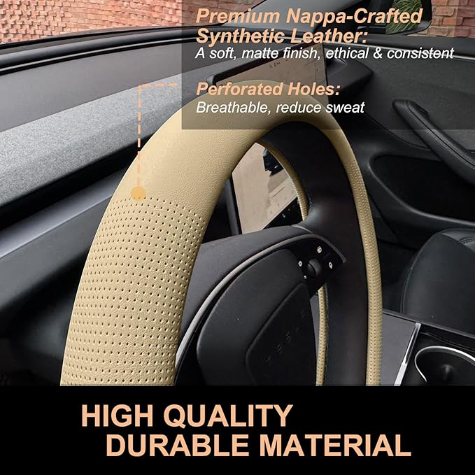 PINCTROT Nappa Leather Steering Wheel Cover for Tesla Model Y/3 Highland/Juniper, D Shaped 14 Inch Small Sized with Breathabl