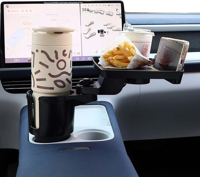 Car Large Cup Holder Expander, 3-in-1 Cupholder Extender with Swivel and Detachable Snack Food Tray Table for Eating, Travel 