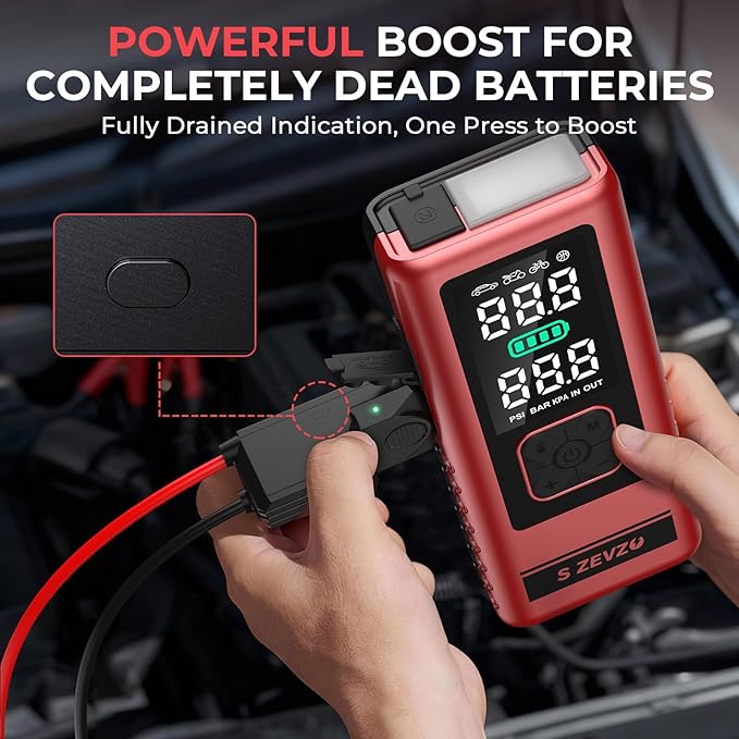 S ZEVZO Car Jump Starter with Air Compressor, 4000A 150PSI Jump Box Battery Pack(6.0 Gas/4.0L Diesel), Portable 12V Jump Box with Auto-Shutoff Tire Inflator, USB Ports, LCD Display & LED Light
