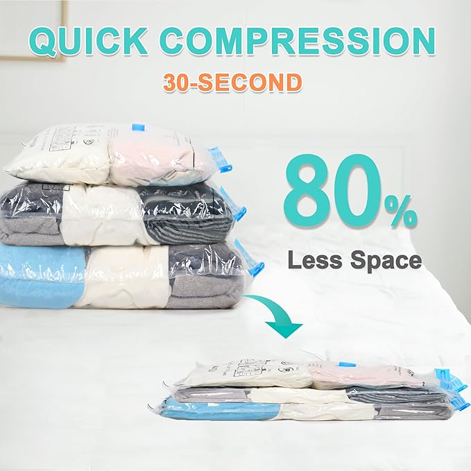 Vacuum Storage Bags with 3000Pa Wireless Pump for Travel, 12 Pack Vacuum Seal Bags for Clothing Travel, Compression Vacuum Ba