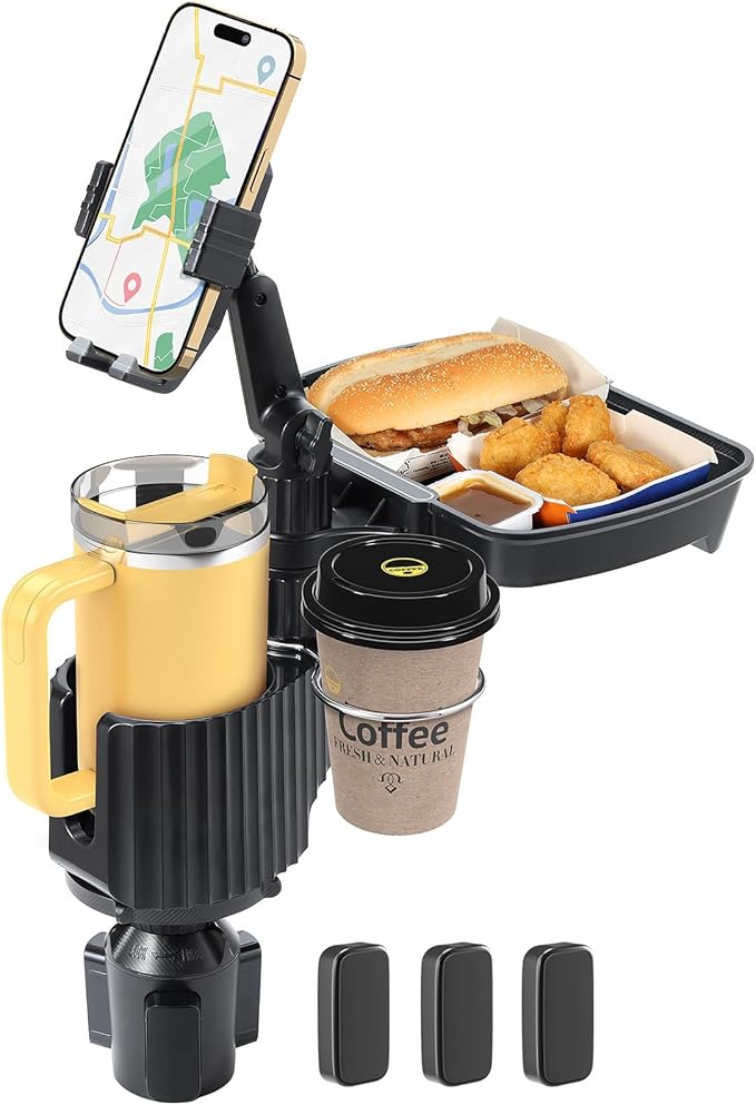 Car Large Cup Holder Expander, 4-in-1 Cupholder Extender with Phone Holder & Swivel and Detachable Snack Food Tray Table for 