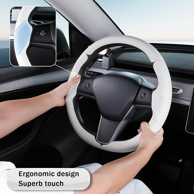 Steering Wheel Cover for 2017-2023 Tesla Model 3 2020-2024 Tesla Model Y, Leather Steering Wheel Cover for Tesla Model 3/Y Accessories, White