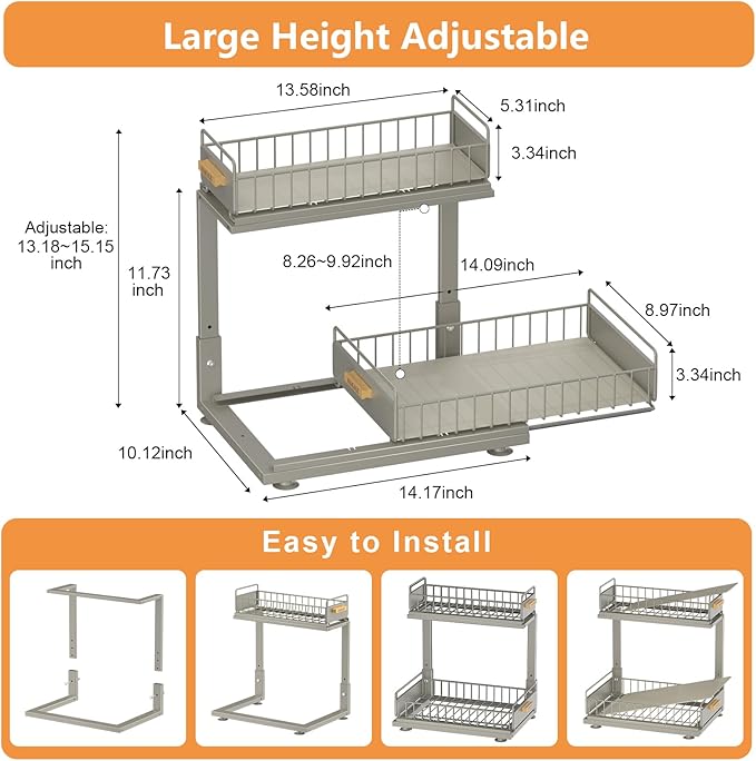 Under Sink Organizer, High Adjustable 2 Tier Under Kitchen Sink Organizer, Multi-Purpose Storage Shelf for Kitchen Bathroom C