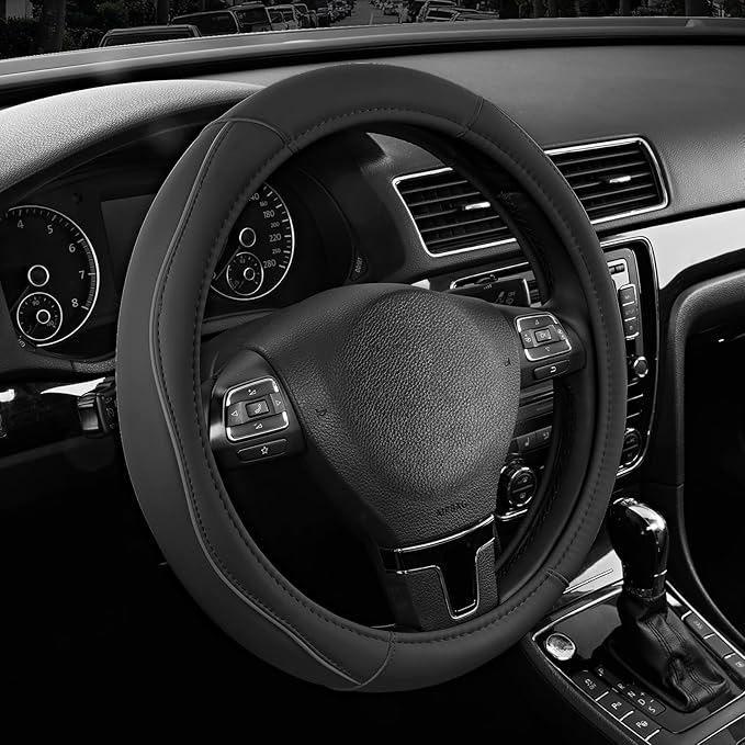 Road Comforts Leather Steering Wheel Cover with Decorative Trim and Piping, Anti-Slip Breathable Design, Fits 14.5–15 Inch Ro