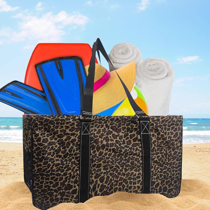 NGIL Extra Large Utility Tote Reusable Grocery Organizing Bag Oversized Collapsible for Storage, Picnic,Car, Beach (Leopard Print)