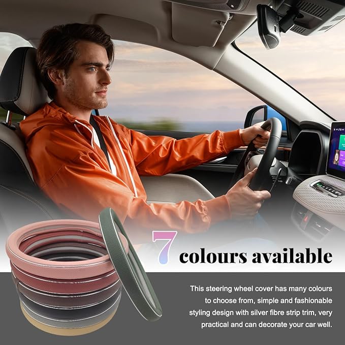 Yourkar Leather Steering Wheel Cover, Breathable Anti-Slip Car Steering Wheel Protector for Max Diameter 15 Inch, Universal A