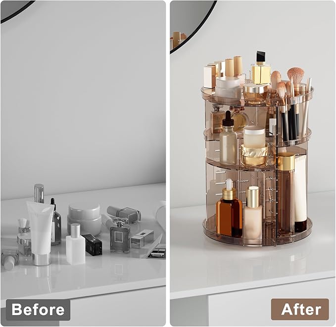 Rotating Makeup Organizer Countertop, DIY Adjustable Trays Spinning Skincare Organizers, Cosmetic Display Shelf with Perfume 