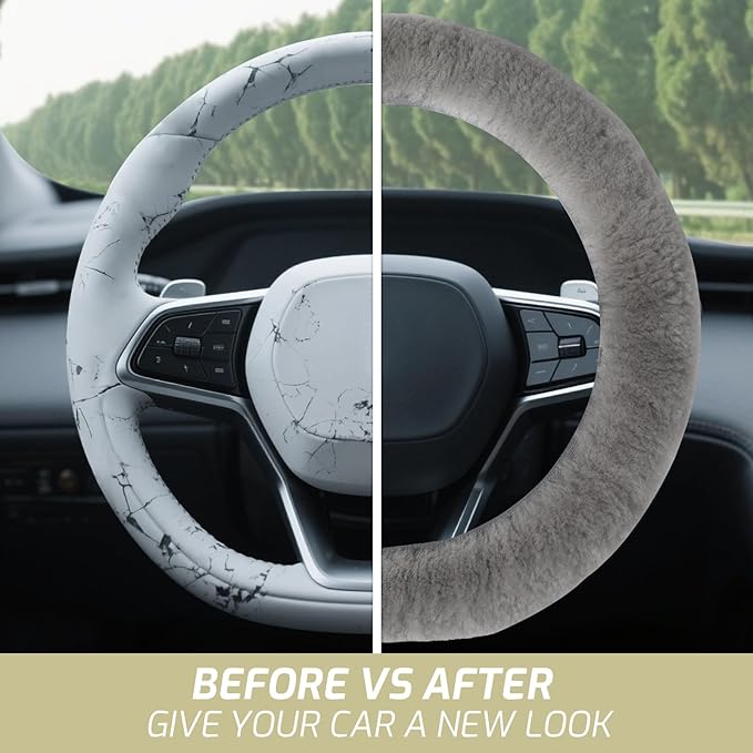 AEGIS Cover Sheepskin Steering Wheel Cover Premium Luxury AUS Genuine Merino Wool All-Season Non-Slip for Cars Fits 14.5-15.5" Wheels (Steel Grey)