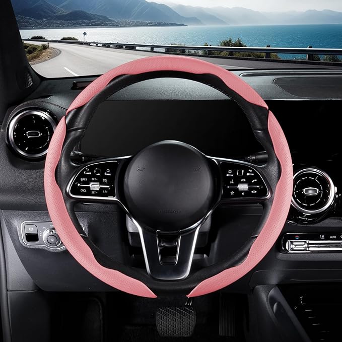 Nappa Leather Car Steering Wheel Cover for Men Women, Ultra-Thin Non-Slip Breathable Microfibre, Universal for 14.5"-15" Stee