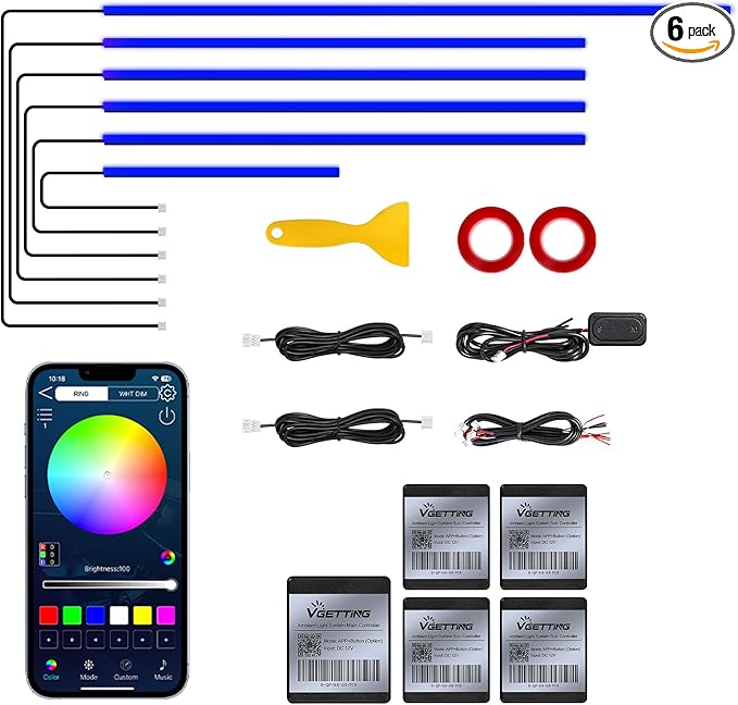 RGB Acrylic Interior Car LED Strip Light with Wireless APP, Car Accessories 6 in 1 with 175 inches 593 LEDs Fiber Optic Ambient Lighting Kits, Dynamic Music Sync Neon LED Strip Light for Car