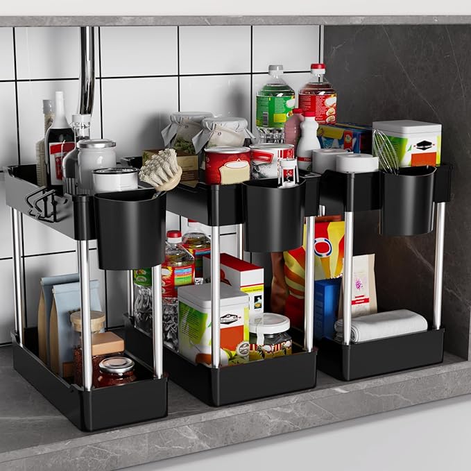 3 Pack Under Sink Organizers and Storage, 2 Tier Bathroom Cabinet Organizer Shelf with Hanging Cups for Kitchen & Bathroom (B