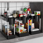 3 Pack Under Sink Organizers and Storage, 2 Tier Bathroom Cabinet Organizer Shelf with Hanging Cups for Kitchen & Bathroom (B