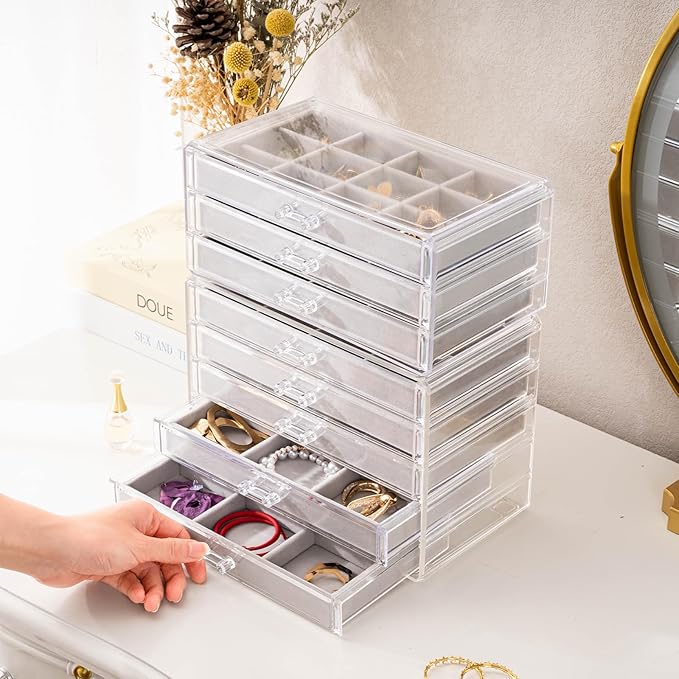 ProCase Earring Holder Organizer Jewelry Box with 8 Drawers, Acrylic Clear Earring Case with Adjustable Velvet Trays for Wome