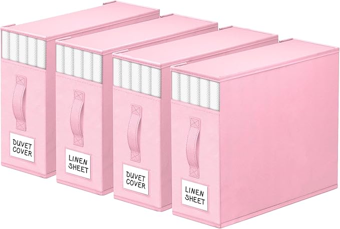StorageTastic 4 Pack Bed Sheet Closet Organizers and Storage,Sturdy Foldable Storage Containers with Window and Label,Storage