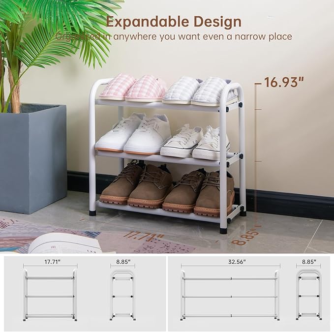 Gonfoam 3-Tier Expandable Shoe Rack,Adjustable Shoe Shelf Storage Organizer Heavy Duty Metal Free Standing Shoe Rack for Entr