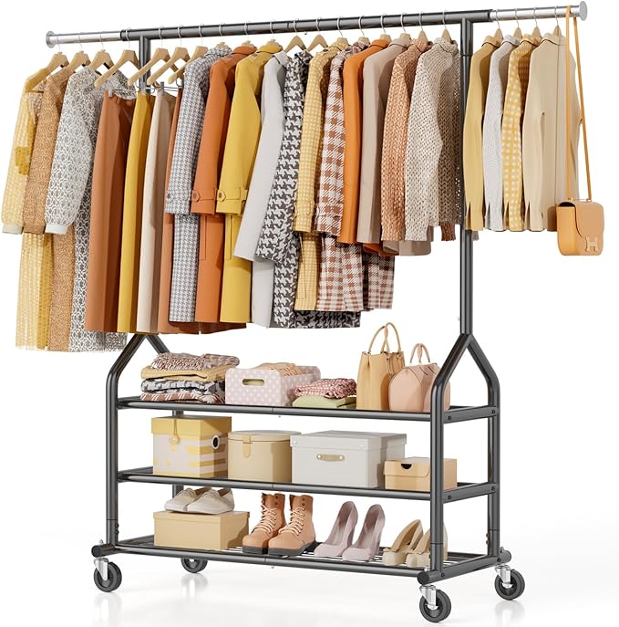EAGMAK Heavy Duty Clothes Rack Load 556 LBS, Rolling Clothing Rack With 3 Shelves, Adjustable Metal Clothes Hanger with Wheel