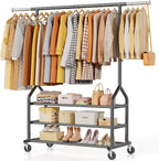 EAGMAK Heavy Duty Clothes Rack Load 556 LBS, Rolling Clothing Rack With 3 Shelves, Adjustable Metal Clothes Hanger with Wheel