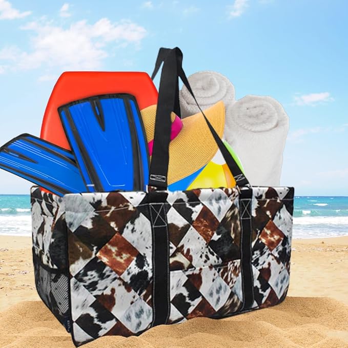 NGIL Extra Large Utility Tote Reusable Grocery Bag Oversized Collapsible for Groceries, Storage, Picnic, Beach (Cow Tile Print-Black)