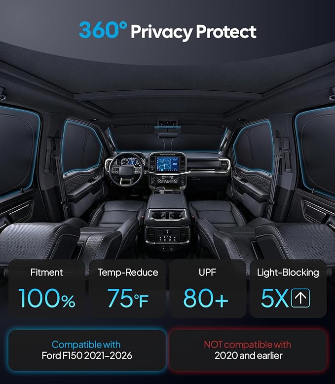 Wigoo 2026 Upgrade 6PCS Full Set Window Sunshade for Ford F150 4Doors 2021-2026 [7-Layer Cooler & Blacker, Ice-Crystal Tech] with Windshield for Sun Block, Baby, Camping, Privacy Napping, Relax