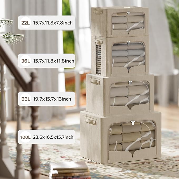 FHSQX 3 Pack Clothes Storage Bins Foldable Metal Frame Storage Box Extra Large Stackable Linen Fabric Organizer Set with Carr
