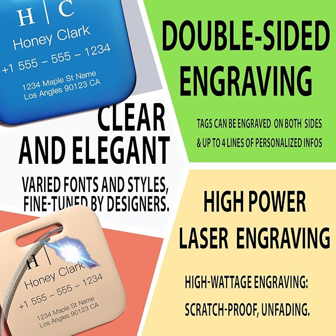 Stainless Luggage Tags for Suitcases 4 Pack: Metal Personalized Luggage Tags for Backpacks & Bags with Customizable Texts (Bl